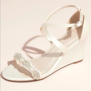 Bridal Pave crystal and pearl satin strappy wedge sandals- size 9